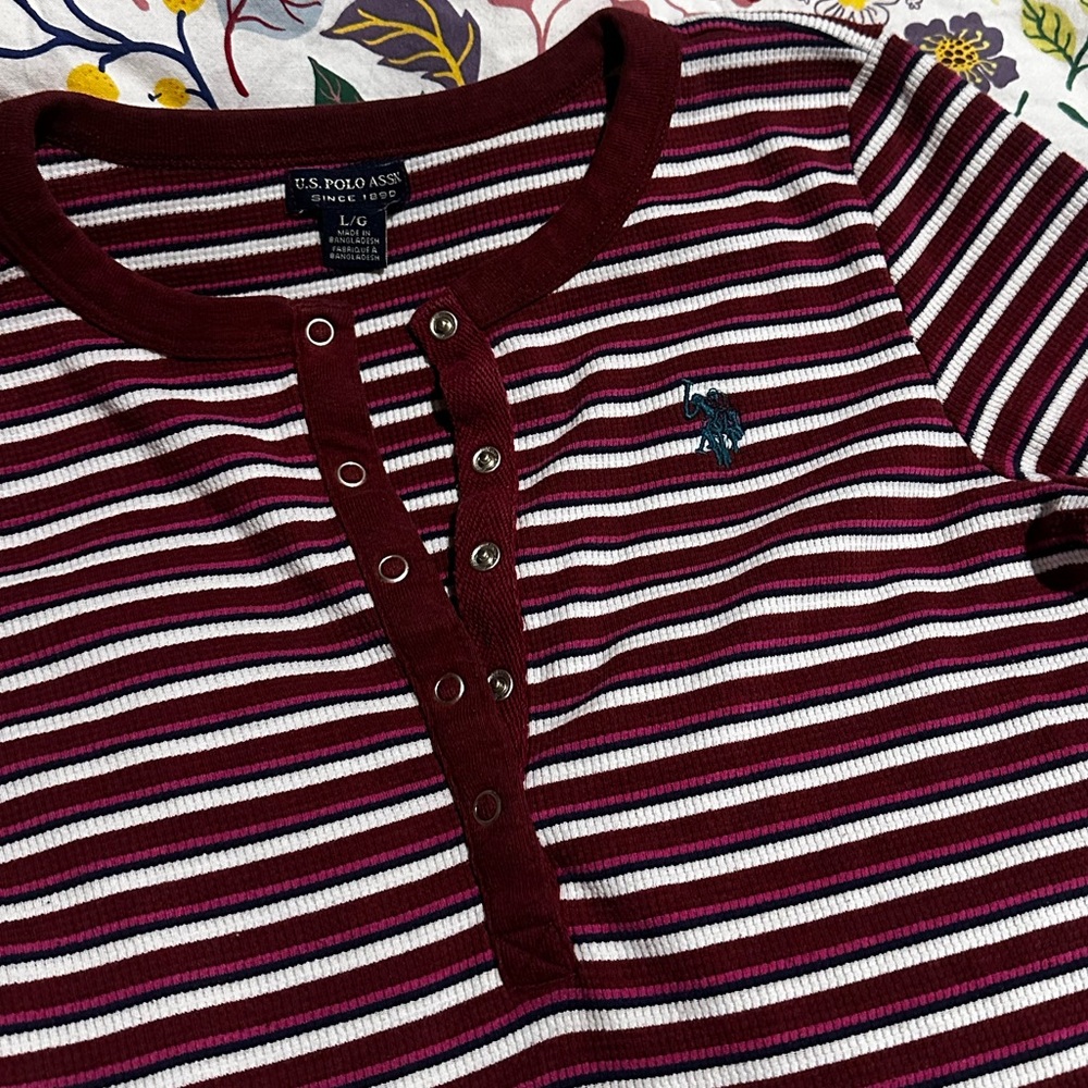 VINTAGE U.S. Polo Assn. Burgundy and White Striped Long Sleeve Top - Picture 2 of 5